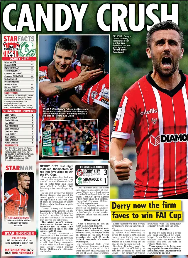  ?? ?? WHAT A WIN: Derry’s Patrick McEleney and James Akintunde celebrate after the game;
referee Robert Hennessy shows a red card to Rovers’ Lee Grace
DELIGHT: Derry’s Daniel Lafferty celebrates scoring the Candystrip­es’ second goal against Rovers at the Brandywell