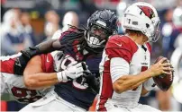  ?? Brett Coomer / Houston Chronicle ?? Hard-rushing outside linebacker Jadeveon Clowney (90) could use a little help if the Texans’ defense hopes to continue pressuring QBs like it did Blaine Gabbert last game.