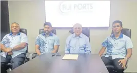  ?? Picture: ATELAITE RACIVA ?? Fiji Ports Terminal Ltd board chairman Hasmukh Patel, second from right, with board members at the announceme­nt yesterday.