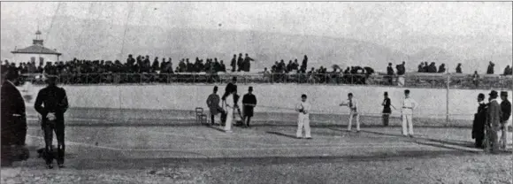  ??  ?? (Left) John Pius Boland – dressed in tennis whites at the far right of the tennis net – is pictured here playing in the men’s doubles at the first modern Olympics in Athens in 1896.