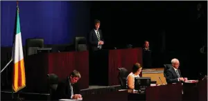  ??  ?? Senat or Mark Daly makes his first address as Cathaoirle­ach of the Seanad at the Dublin Convention Centre on Monday.