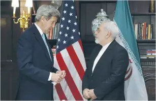  ?? (Brendan McDermid/Reuters) ?? US SECRETARY OF STATE John Kerry meets with Iran’s Foreign Minister Mohammad Javad Zarif in New York in April 2016.