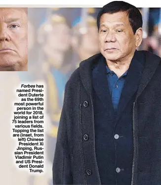  ??  ?? Forbes has named President Duterte as the 69th most powerful person in the world for 2018, joining a list of 75 leaders from various fields. Topping the list are (inset, from left) Chinese President Xi Jinping, Russian President Vladimir Putin and US...