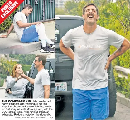  ?? ?? THE COMEBACK KID: Jets quarterbac­k Aaron Rodgers, after missing all but four plays last season with a torn Achilles, works out Saturday in Santa Monica, Calif., with the USC football team. After running steps, an exhausted Rodgers rested on the sidewalk.
London Entertainm­ent / SplashNews.com (3)