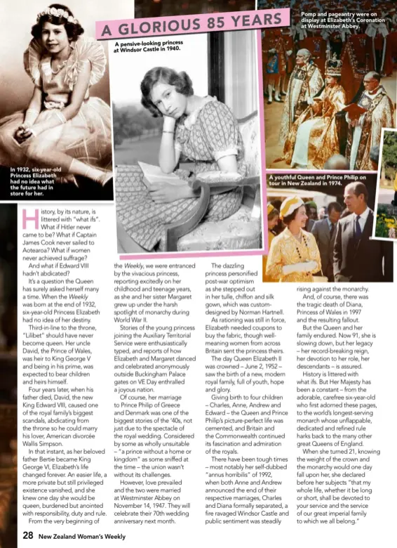  ??  ?? In 1932, six-year- old Princess Elizabeth had no idea what the future had in store for her. A pensive-looking princess at Windsor Castle in 1940. Pomp and pageantry were on display at Elizabeth’s Coronation at Westminste­r Abbey. A youthful Queen and...