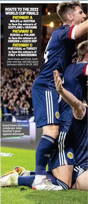  ?? ?? Good times: Scotland celebrate John Souttar’s goal against Denmark