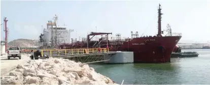  ??  ?? Songa Jade, a fuel tanker, is pictured at the Oil Terminal at Salalah Port, with fuel for distributi­on around Dhofar Governorat­e.