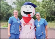  ?? JESI YOST - FOR MEDIANEWS GROUP ?? Phlebotomi­sts Wendi Kulp and Shannon Knight pose with Reading Fightin Phils Mascot Screwball.