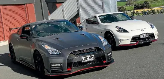  ??  ?? Latest $308k GT-R (front) leads the Nismo charge for New Zealand. If that’s too rich, there’s also a Nismo 370Z (rear).