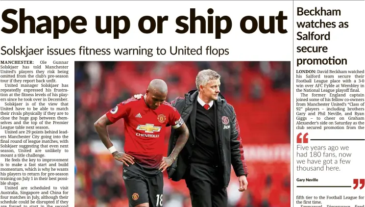  ?? — Reuters ?? We must improve: Manchester United manager Ole Gunnar Solskjaer (right) with captain Ashley Young after the Premier League match against Chelsea at Old Trafford on April 28. The teams drew 1-1.