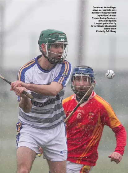  ??  ?? Dromina’s Kevin Hayes plays a cross field pass as he is closely watched by Mallow’s Conor Stokes during Sunday’s Division 1 Hurling League game shortly before it was abandoned due to snow Photo by Eric Barry