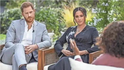  ?? PROVIDED BY JOE PUGLIESE/HARPO PRODUCTION­S ?? “Oprah With Meghan and Harry” aired Sunday.