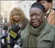  ?? RICHARD DREW—THE ASSOCIATED PRESS ?? Plaintiffs Annette Richardson, left, and Stephanie Thomas, of the New York City Fire Department, speak during a news conference on the steps of New York’s City Hall, Wednesday, Dec. 6, 2017.