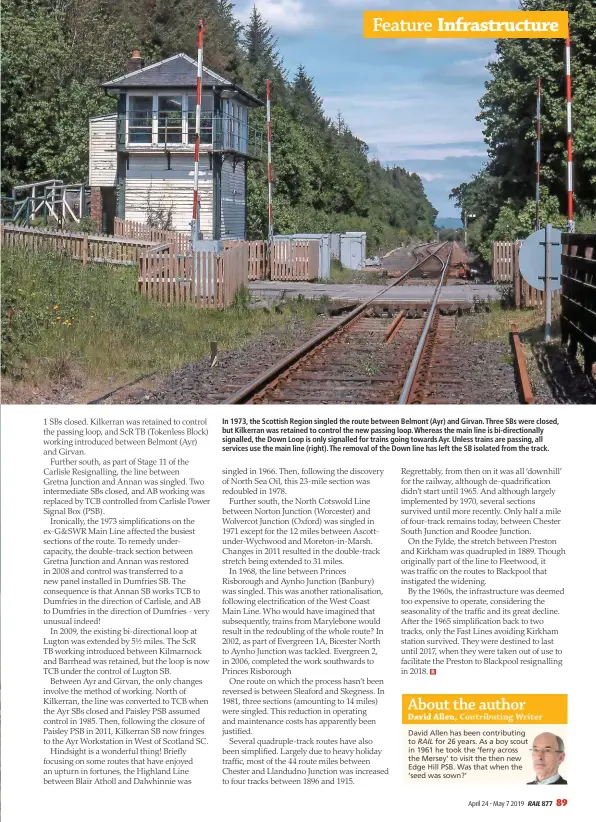  ??  ?? In 1973, the Scottish Region singled the route between Belmont (Ayr) and Girvan. Three SBs were closed, but Kilkerran was retained to control the new passing loop. Whereas the main line is bi-directiona­lly signalled, the Down Loop is only signalled for trains going towards Ayr. Unless trains are passing, all services use the main line (right). The removal of the Down line has left the SB isolated from the track.