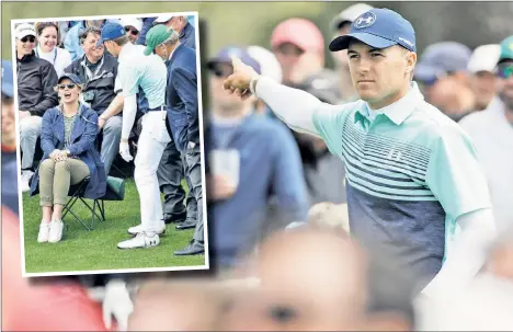  ?? AP; Getty Images ?? LAP HAZZARD: Jordan Spieth points to an errant tee shot on the 18th. His next landed in a woman’s lap (inset). He took a drop and saved par, but that didn’t erase the nine he took on No. 15.