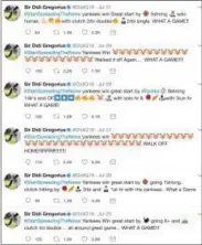  ?? TWITTER VIA AP ?? In this image from Twitter, New York Yankees Didi Gregorius creatively used emojis to recap Yankees wins on his Twitter feed. A franchise known for the Babe, the Boss and the Iron Horse has a new set of nicknames. Clown face (Brett Gardner) is in left,...