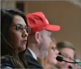  ?? RJ SANGOSTI — THE DENVER POST ?? Rep. Lauren Boebert, left, joined eight other candidates on Jan. 25during a debate in Fort Lupton for Republican candidates running in the 4th Congressio­nal District.