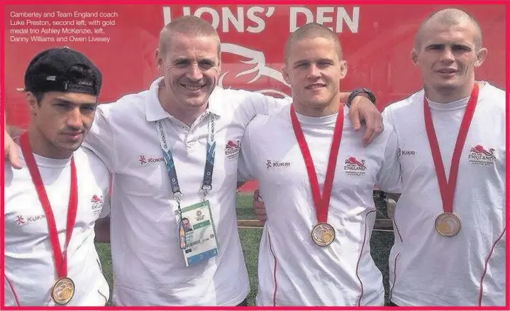  ??  ?? Camberley and Team England coach Luke Preston, second left, with gold medal trio Ashley McKenzie, left, Danny Williams and Owen Livesey