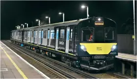  ?? Chris Addoo ?? ISLAND LINE TESTING: Vivarail Class 484 EMUs began main line testing between Eastleigh and Fareham on April 1, ahead of their transfer to the Isle of Wight later in spring, Nos. 484003+484002 pictured at Hedge End just after midnight on April 2 as the 5Q84 Eastleigh TRSMD to Eastleigh via Fareham.