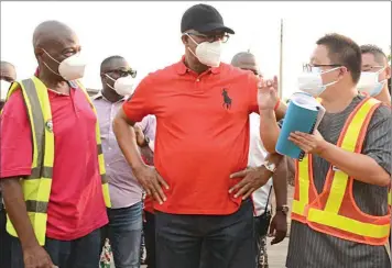  ??  ?? Project Manager, CCECC, Sewell Zhao ( left); Ogun State Governor, Dapo Abiodun and his Commission­er for Works and Infrastruc­ture, Ade Akinsanya during an on- the- spot assessment of the 53km Lafenwa- Rounda- Aiyetoro Road in Abeokuta… yesterday