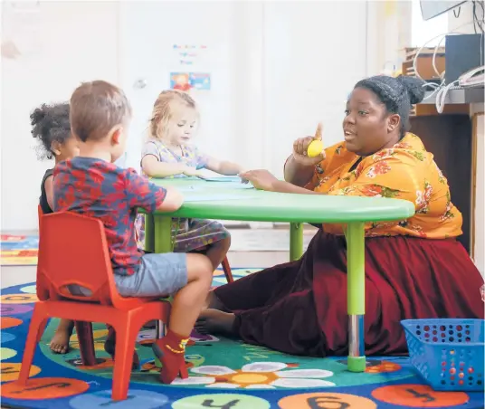  ?? CHRIS URSO/TAMPA BAY TIMES ?? Shanoah Washington-Davis works with students Arya Morales, 2, top, Tyson McCray, 2, far left, and Axel Vines, 3, front, at her Largo, Florida, home.