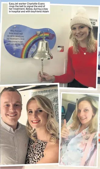  ??  ?? EasyJet worker Charlotte Evans rings the bell to signal the end of her treatment. Below, during a stay in hospital and with boyfriend Adam