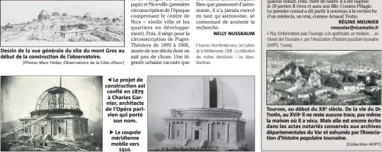  ??  ?? Dessin de la vue générale du site du mont Gros au début de la constructi­on de l’observatoi­re. Le projet de constructi­on est confié en  à Charles Garnier, architecte de l’Opéra parisien qui porte son nom.
La coupole méridienne mobile vers ....