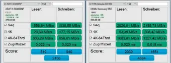  ??  ?? Links der Letzte und rechts der Testsieger. Die Datenraten liegen deutlich auseinande­r. Die Zugriffsze­iten jedoch nicht. In der Praxis ist der Unterschie­d damit weniger deutlich, als der Benchmark suggeriert.