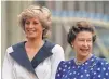  ?? MARTIN CLEAVER, AP ?? Diana and the queen in 1987; at right, the famously formfittin­g “Revenge Dress.”