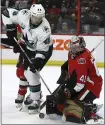  ?? FRED CHARTRAND — THE CANADIAN PRESS VIA AP ?? San Jose’s Tomas Hertl (48) attempts to score on Ottawa goalkeeper Craig Anderson during first period Saturday.