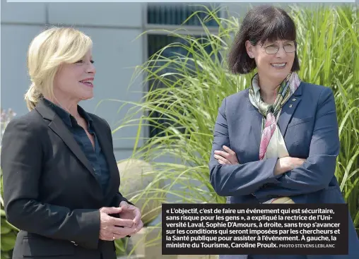  ?? PHOTO STEVENS LEBLANC ?? « L’objectif, c’est de faire un événement qui est sécuritair­e, sans risque pour les gens », a expliqué la rectrice de l’université Laval, Sophie D’amours, à droite, sans trop s’avancer sur les conditions qui seront imposées par les chercheurs et la Santé publique pour assister à l’événement. À gauche, la ministre du Tourisme, Caroline Proulx.