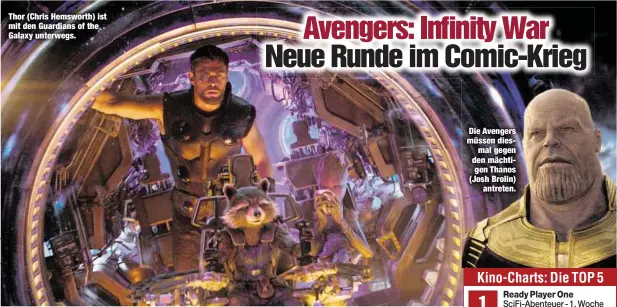  ??  ?? Thor (Chris Hemsworth) ist mit den Guardians of the Galaxy unterwegs. Die Avengers müssen diesmal gegen den mächtigen Thanos (Josh Brolin)
antreten.