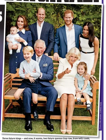  ?? Picture:CHRISJACKS­ON/CLARENCEHO­USE ?? Three future kings — and now, it seems, two future queens (top row, from left): Louis, Kate, William, Harry and Meghan. Bottom row: George, Charles, Camilla and Charlotte