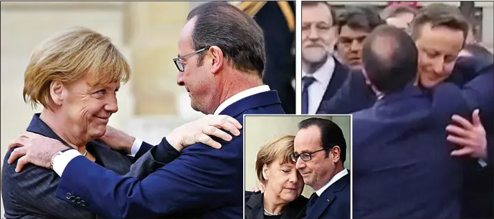  ??  ?? Embrace: Angela Merkel and French president Francois Hollande grip each other by the shoulder and even cuddle up. Above right: David Cameron is hugged by Mr Hollande