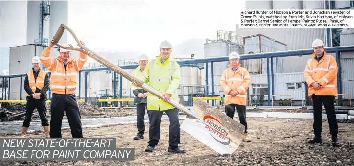  ??  ?? Richard Hunter, of Hobson & Porter and Jonathan Fewster, of Crown Paints, watched by, from left, Kevin Harrison, of Hobson & Porter; Darryl Senior, of Hempel Paints; Russell Pask, of Hobson & Porter and Mark Coates, of Alan Wood & Partners