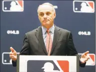  ?? LM Otero / Associated Press ?? Baseball commission­er Rob Manfred speaks to the media at the owners meeting on Nov. 21 in Arlington, Texas. Major League Baseball rejected the players’ offer for a 114-game regular season in the pandemic-delayed season with no additional salary cuts and told the union it did not plan to make a counterpro­posal, a person familiar with the negotiatio­ns told The Associated Press.