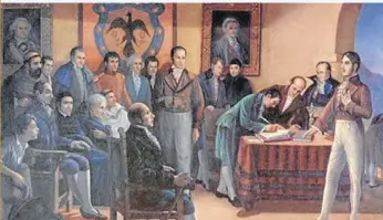  ??  ?? Firma del Acta de Independen­cia de Santafé de Bogotá. Óleo de Coriolano Leudo.