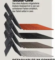  ??  ?? Tastatur-Cover Das ohne Aufpreis mitgeliefe­rte Andock-Keyboard ist in vier verschiede­nen Farben erhältlich, das Tablet selbst in zwei.