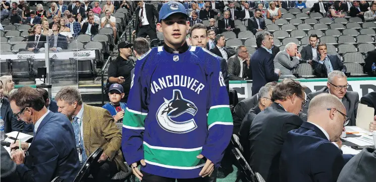  ?? —BRUCE BENNETT/GETTY IMAGES ?? Jett Woo shows off his Canucks sweater after being picked 37th overall by Vancouver on Saturday at the 2018 NHL Entry Draft in Dallas.