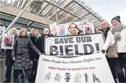  ?? Pictures: Wullie Marr and George McLuskie. ?? A demonstrat­ion outside Holyrood against Bield’s plan to close its care homes, including Finavon Court in Glenrothes, below.