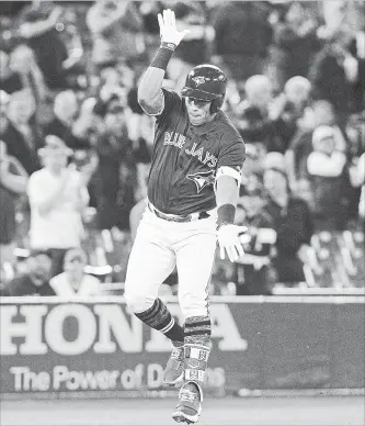  ?? FRED THORNHILL THE CANADIAN PRESS ?? Blue Jay’ Yangervis Solarte celebrates as he rounds third after hitting a two-run homer against the Kansas City Royals in the first inning of Game 1 of their doublehead­er at Rogers Centre on Tuesday afternoon.