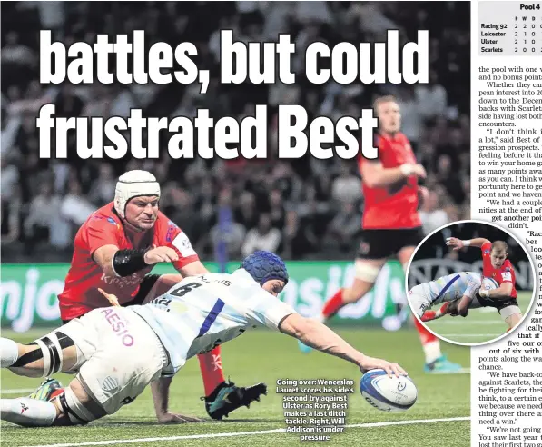  ??  ?? Going over: Wenceslas Lauret scores his side’s second try against Ulster as Rory Best makes a last ditch tackle. Right, Will Addison is underpress­ure