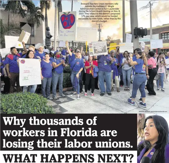  ?? AMANDA GEDULD ageduld@miamiheral­d.com CARL JUSTE cjuste@miamiheral­d.com ?? Broward Teachers Union members rally outside the Kathleen C. Wright Administra­tion Center in Fort Lauderdale during the School Board meeting on Nov. 8, 2023. They object to the district’s proposed 1.7% pay raise, which would be funded exclusivel­y by state funds, rather than by the district’s budget.
United Teachers of Dade (UTD) President Karla Hernández-Mats, standing with UTD members, discusses the successful conclusion of negotiatio­ns in 2023.