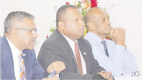  ?? Photo: DEPTFO News ?? From left: Minister for Industry and Trade and Tourism Faiyaz Siddiq Koya, Minister for Agricultur­e and NDMO Inia Seruiratu and Ministerfo­r Health and Medical Services Jone Usamate at the induction of permanent secretarie­s in Suva yesterday.