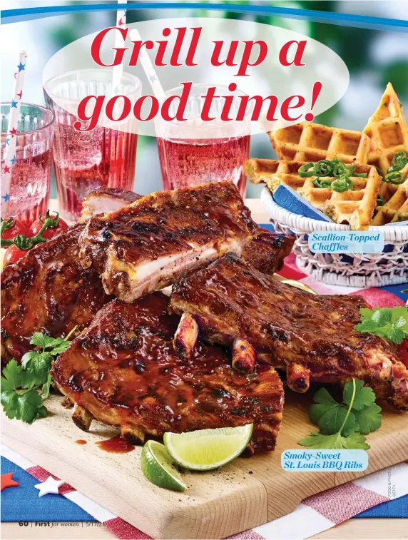  ??  ?? Scallion-Topped Chaffles
Smoky-Sweet
St. Louis BBQ Ribs