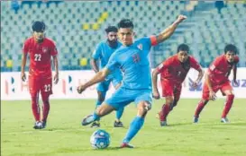  ?? AIFF PHOTO ?? Sunil Chhetri takes a shot at the goal against Myanmar in Margao on Tuesday.