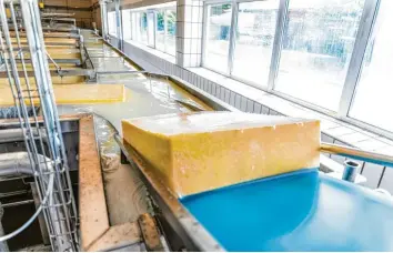  ?? Fotos: Franz Issing ?? Emmentaler­blöcke kommen im Milchwerk Bad Wörishofen aus dem Salzbad, in dem sie etwa 24 Stunden lang reifen, bevor sie zur eigentlich­en Reifung verpackt werden.