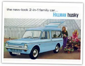 ??  ?? The Hillman Husky name was originally applied to an estate variant of the Minx from 1954-1965. It re- emerged from 1967-70 looking like this, derived from the Imp. Oddly, being lighter than the saloon, the Husky was also slightly quicker! There was also a Commer Imp van variant with a low compressio­n engine from 1965, though this was renamed the Hillman Imp Van in 1968.