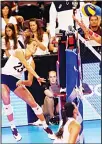  ??  ?? United States’ Kelsey Robinson (left), hits the ball against Bulgaria during a women’s volleyball game on Aug 3 in Bossier City, La, in the second of three matches in Olympic qualifying. (AP)