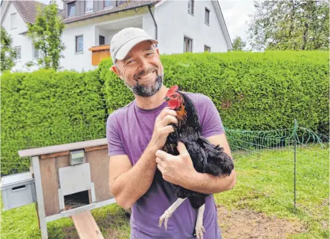  ?? FOTO: FG ?? Frank Hahn aus Haisterhof­en krault das Huhn Vanessa. Sie ist eines der Hühner, die regelmäßig an Kunden vermietet werden.